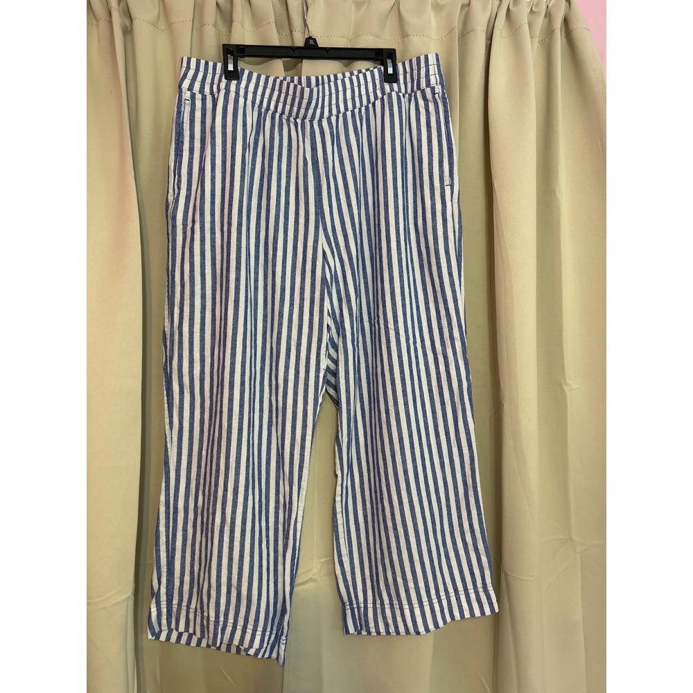 Women's Blue and White Striped Wide-Leg Pants